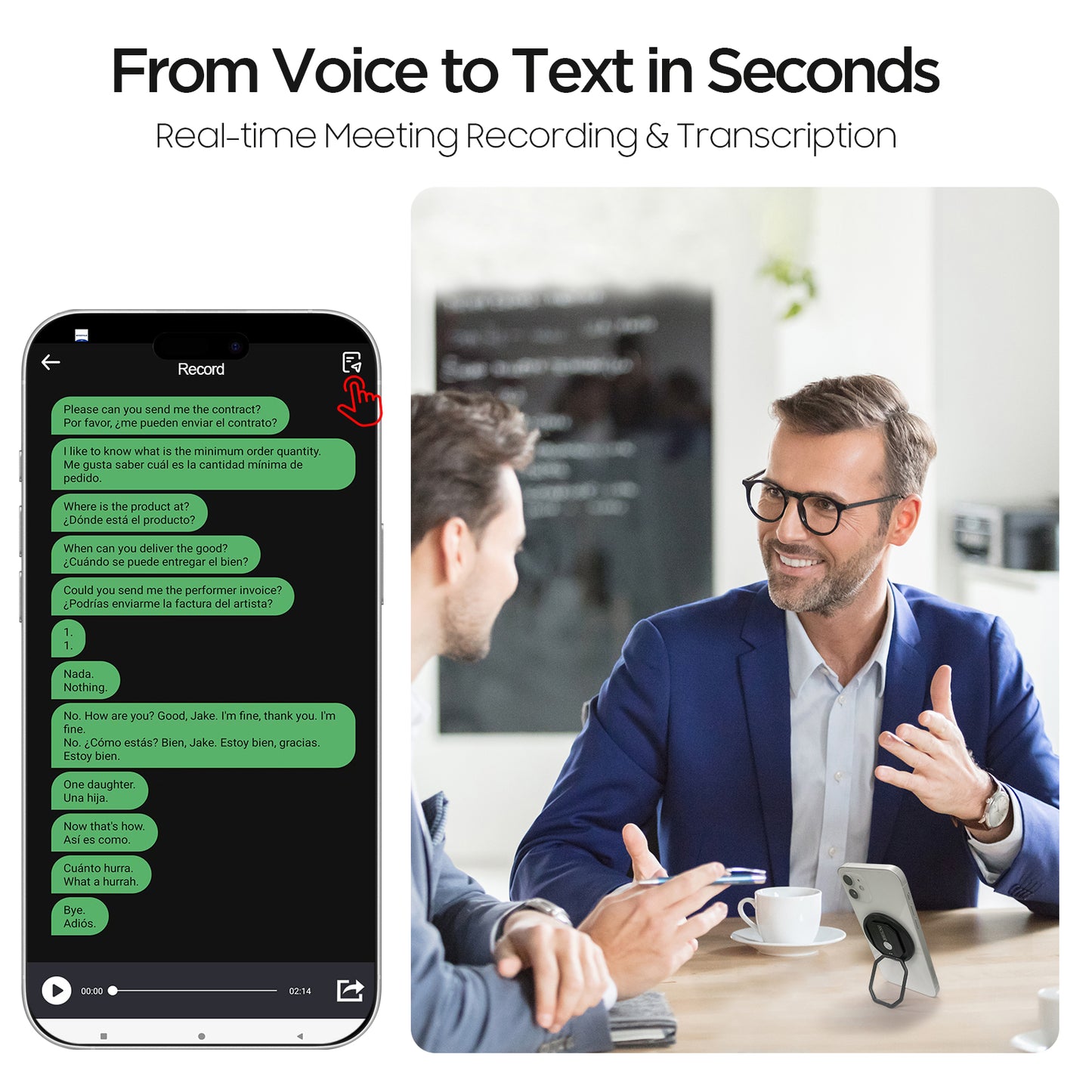 Real-time speech-to-text translation of meeting notes for business people
